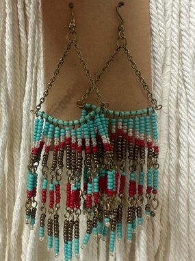 Beaded Long Turquoise Fringe Bohemian Native Earrings